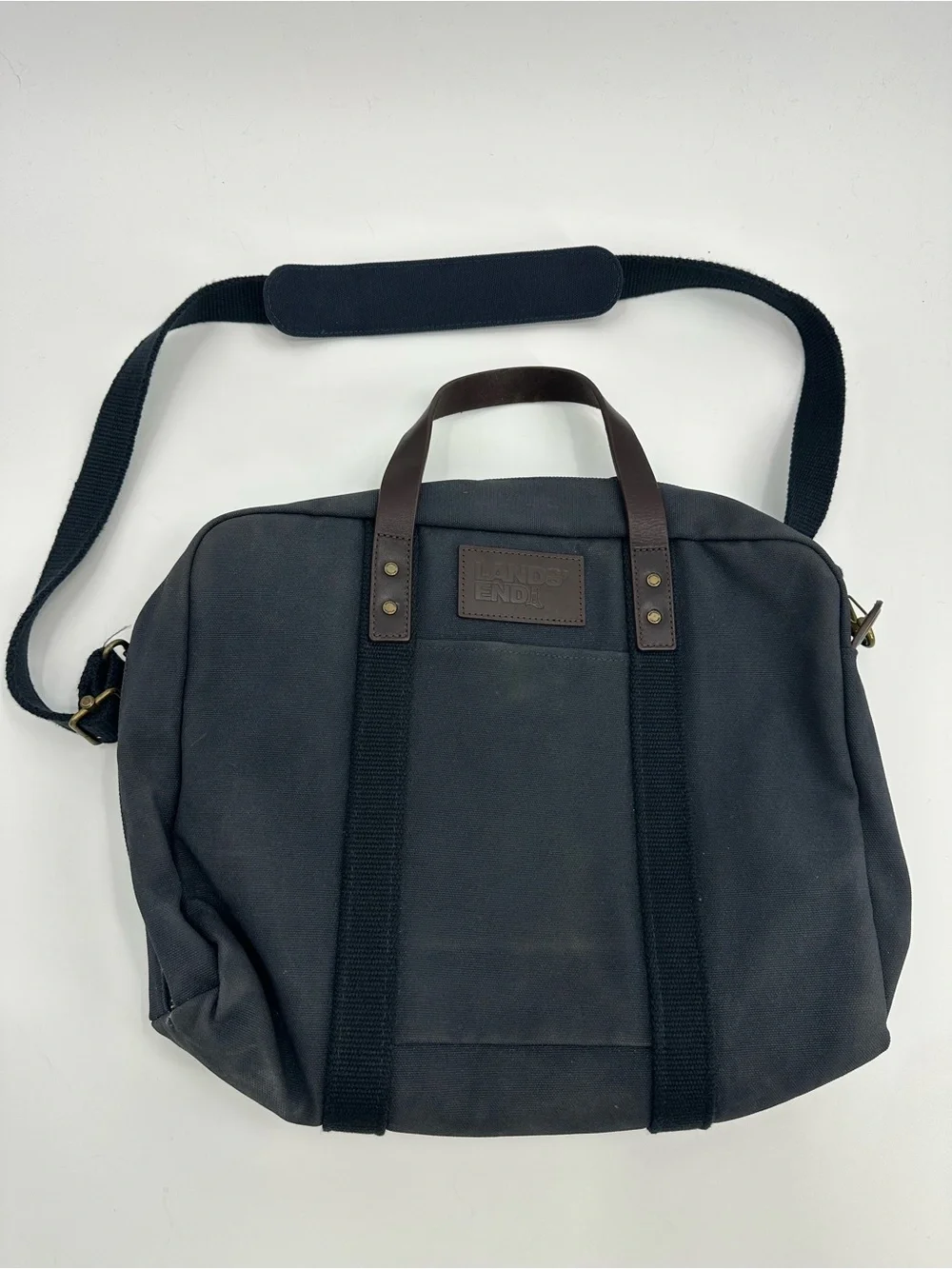 Lands' End Black Canvas Laptop Bag with Brown Leather Handles